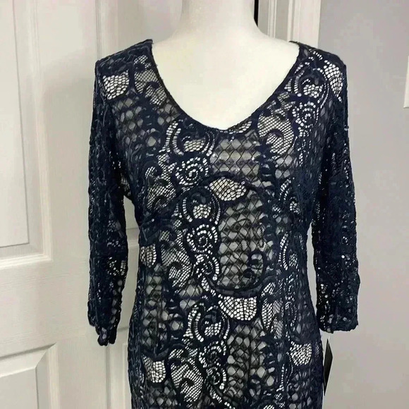 MARINA Navy Blue Open Back Lace Sequined Dress Womens Size 12 NWT - Picture 1 of 2